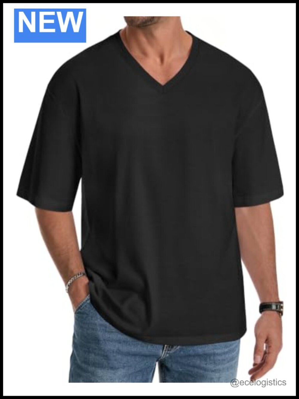 Oversized V-Neck Graphic Tee Men's Casual Streetwear Short Sleeve T-Shirt
